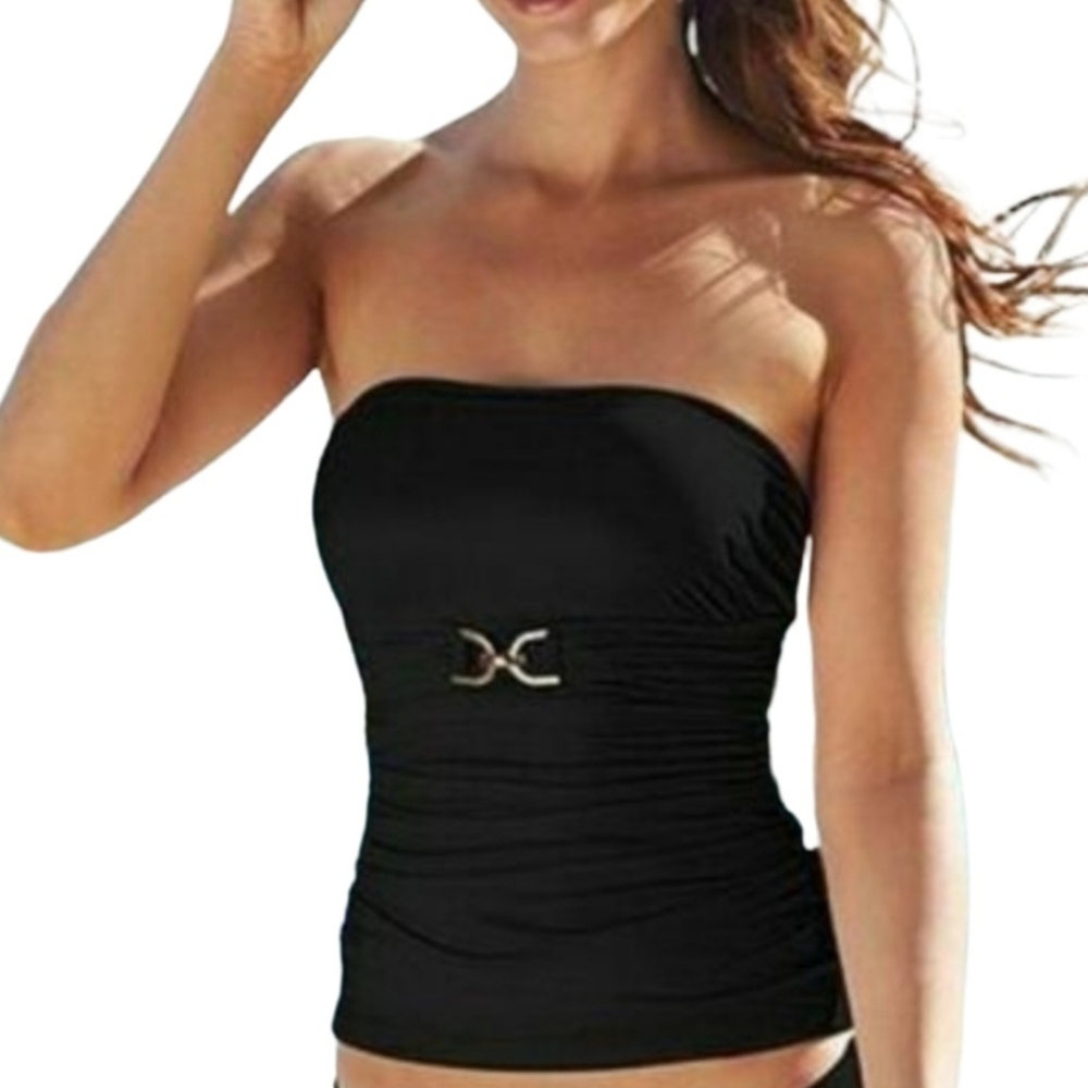 MICHAEL KORS Black Ruched Gold Fitted Strapless Tankini Swim Top Junior Size XS